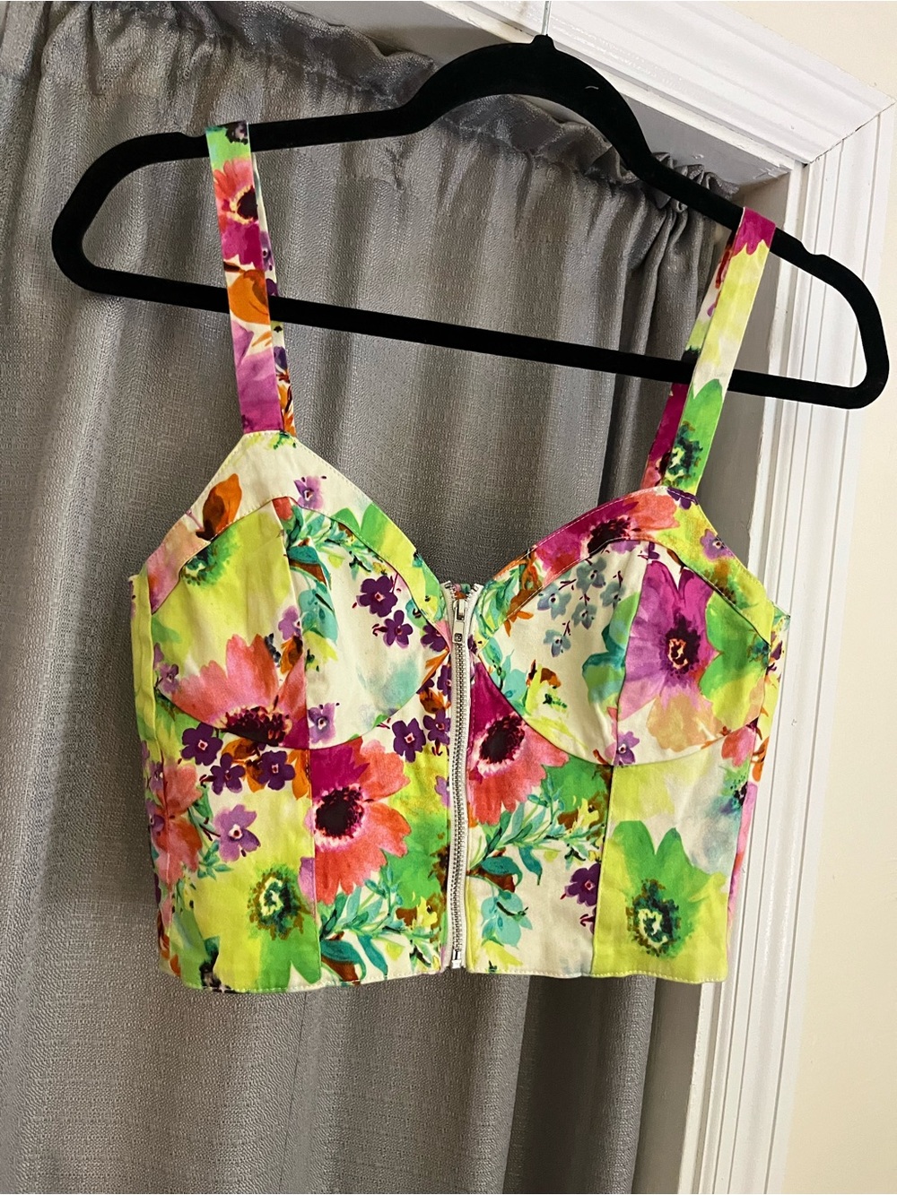 Floral Zip-Front Crop Top - Green Multi Color M